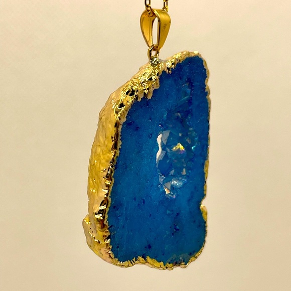 Natural Geode Stone & Crystal Quartz Good Morning Blue & God's Debut Necklace 5c - Picture 2 of 14